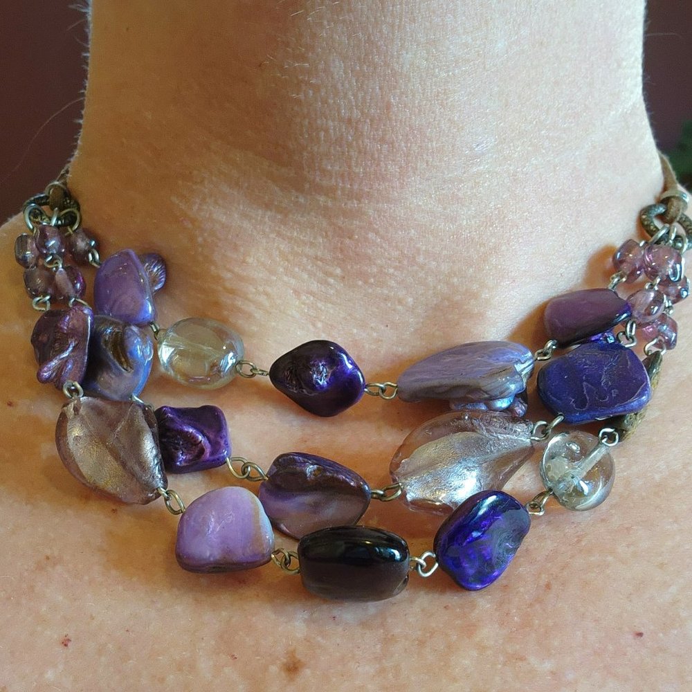Purple Glass and Abalone Mother-of-Pearl Triple Strand Leather Chain Necklace - Picture 5 of 14